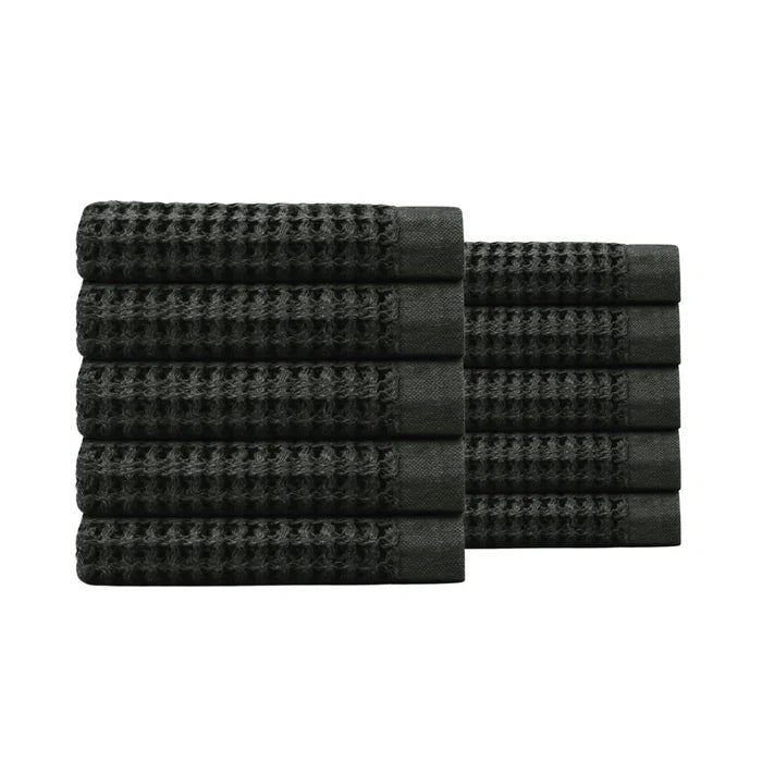 Egyptian Cotton Waffle Hand Towels - Black - 10 piece set
